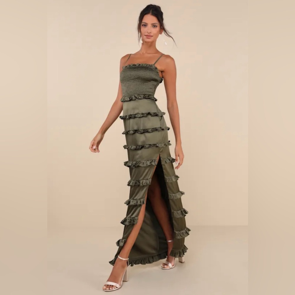 Lulu’s Olive Green Satin Smocked Ruffled Maxi Dress - wedding guest dress